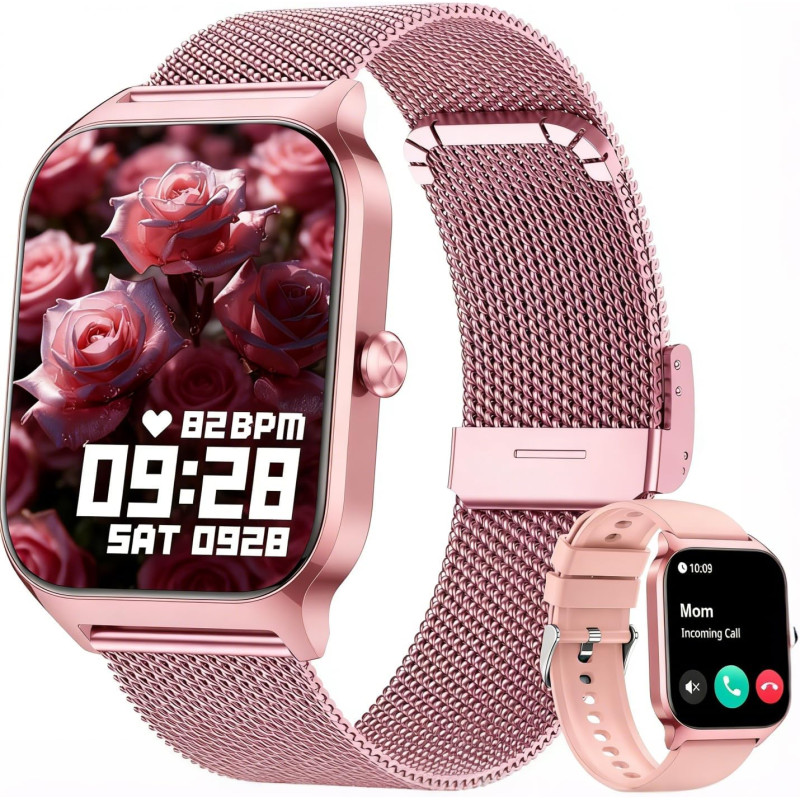 Popglory montre connectée femme homme, appel bleutooth avec 100+ sport 1,85 smartwatch, fréquence cardiaque pression artérielle 