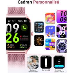 Popglory montre connectée femme homme, appel bleutooth avec 100+ sport 1,85 smartwatch, fréquence cardiaque pression artérielle 