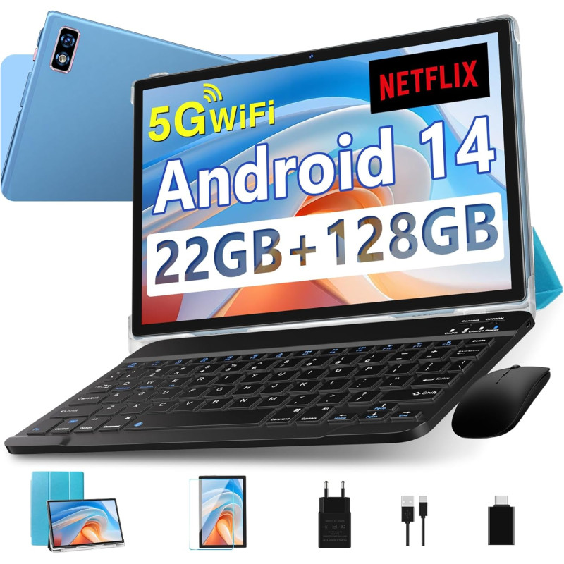 Tablette 10 Pouces Android 14 , 22GoRAM + 128Go ROM (1To TF),Widevine L1/Octa-Core/2.0GHz/5G WiFi/8000mAh/BT 5.0/5+8MP/Soutenir 