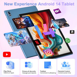Tablette 10 Pouces Android 14 , 22GoRAM + 128Go ROM (1To TF),Widevine L1/Octa-Core/2.0GHz/5G WiFi/8000mAh/BT 5.0/5+8MP/Soutenir 