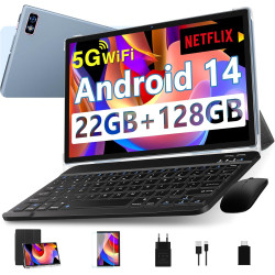 Tablette 10 Pouces Android 14 , 22GoRAM + 128Go ROM (1To TF),Widevine L1/Octa-Core/2.0GHz/5G WiFi/8000mAh/BT 5.0/5+8MP/Soutenir 