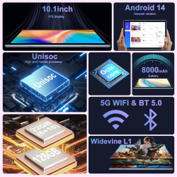 Tablette 10 Pouces Android 14 , 22GoRAM + 128Go ROM (1To TF),Widevine L1/Octa-Core/2.0GHz/5G WiFi/8000mAh/BT 5.0/5+8MP/Soutenir 