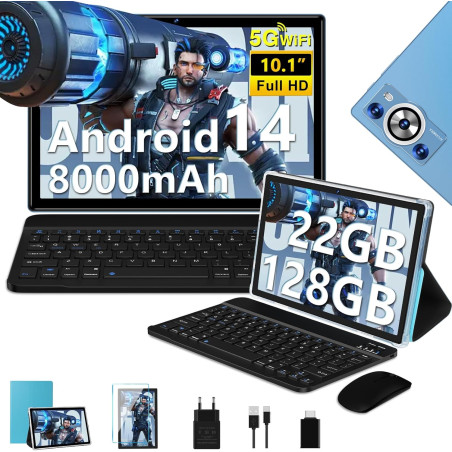 Tablette Android 14 Tablette 10 Pouces , 22GoRAM+128Go ROM (1To TF), Widevine L1|8000mAh| Octa-Core|2.0GHz| 5G WiFi| BT 5.0| 5+8