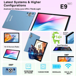 Tablette Android 14 Tablette 10 Pouces , 22GoRAM+128Go ROM (1To TF), Widevine L1|8000mAh| Octa-Core|2.0GHz| 5G WiFi| BT 5.0| 5+8