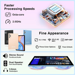 Tablette Android 14 Tablette 10 Pouces , 22GoRAM+128Go ROM (1To TF), Widevine L1|8000mAh| Octa-Core|2.0GHz| 5G WiFi| BT 5.0| 5+8