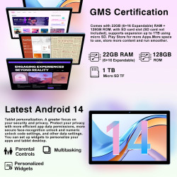Tablette Android 14 Tablette 10 Pouces , 22GoRAM+128Go ROM (1To TF), Widevine L1|8000mAh| Octa-Core|2.0GHz| 5G WiFi| BT 5.0| 5+8