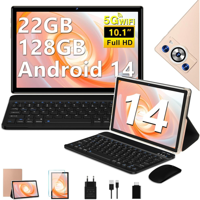 Tablette android 14 tablette 10 pouces , 22goram+128go rom (1to tf), widevine l1|8000mah| octa-core|2.0ghz| 5g wifi| bt 5.0| 5+8