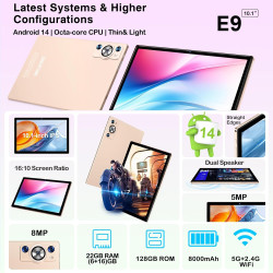 Tablette android 14 tablette 10 pouces , 22goram+128go rom (1to tf), widevine l1|8000mah| octa-core|2.0ghz| 5g wifi| bt 5.0| 5+8