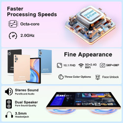 Tablette android 14 tablette 10 pouces , 22goram+128go rom (1to tf), widevine l1|8000mah| octa-core|2.0ghz| 5g wifi| bt 5.0| 5+8