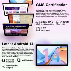 Tablette android 14 tablette 10 pouces , 22goram+128go rom (1to tf), widevine l1|8000mah| octa-core|2.0ghz| 5g wifi| bt 5.0| 5+8