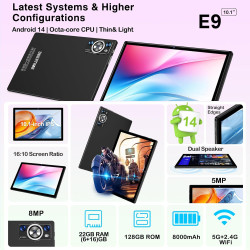 Tablette Android 14 Tablette 10 Pouces , 22GoRAM+128Go ROM (1To TF), Widevine L1|8000mAh| Octa-Core|2.0GHz| 5G WiFi| BT 5.0| 5+8