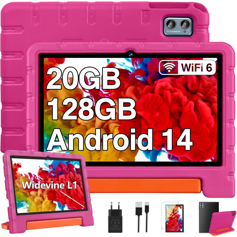 ZIOVO Tablette 10 Pouces Android 14 Tablette Enfants,20Go RAM+128Go ROM(TF 1To),Widevine L1，WiFi 6 Tablettes,Octa-cœur, 6000mAh 
