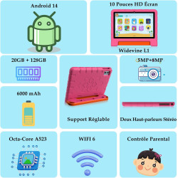 ZIOVO Tablette 10 Pouces Android 14 Tablette Enfants,20Go RAM+128Go ROM(TF 1To),Widevine L1，WiFi 6 Tablettes,Octa-cœur, 6000mAh 