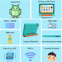 ZIOVO Tablette 10 Pouces Android 14 Tablettes,20Go RAM+128Go ROM(TF 1To),Widevine L1,WiFi 6 Tablette,Octa-cœur,6000mAh|5+8MP|BT 
