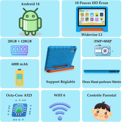 ZIOVO Tablette 10 Pouces Android 14 Tablette Enfants,20Go RAM+128Go ROM(TF 1To),Widevine L1,WiFi 6 Tablettes,Octa-cœur,6000mAh |