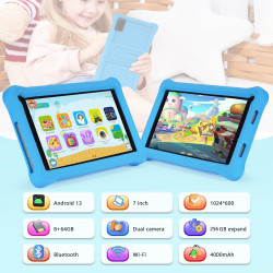 Tablette enfants 7 pouces android tablette éducative enfant avec écran hd, 8go ram+64go rom(tf 256go), contrôle parental, bleuto