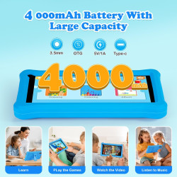 Tablette enfants 7 pouces android tablette éducative enfant avec écran hd, 8go ram+64go rom(tf 256go), contrôle parental, bleuto
