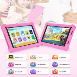 Tablette enfants 7 pouces android tablette éducative enfant avec écran hd, 8go ram+64go rom(tf 256go), contrôle parental, bleuto
