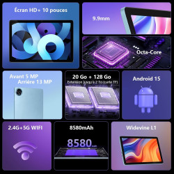 Tablette 10 pouces, android 15, 20go ram + 128go rom(1 to extensible) 8580 mah batterie, octo-cœur 5g wifi tablette tactile, 5+1