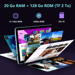 Tablette 10 pouces, android 15, 20go ram + 128go rom(1 to extensible) 8580 mah batterie, octo-cœur 5g wifi tablette tactile, 5+1