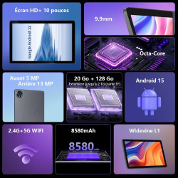 Tablette 10 pouces, android 15, 20go ram + 128go rom(1 to extensible) 8580 mah batterie, octo-cœur 5g wifi tablette tactile, 5+1
