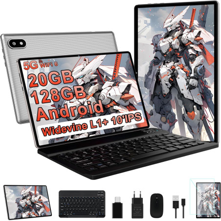 Tablette android avec gemini ai tablette10 pouces, 128go rom(2 to tf extensible), octa-core, widevine l1, gms certification, 5gw