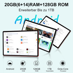 Tablette android avec gemini ai tablette10 pouces, 128go rom(2 to tf extensible), octa-core, widevine l1, gms certification, 5gw