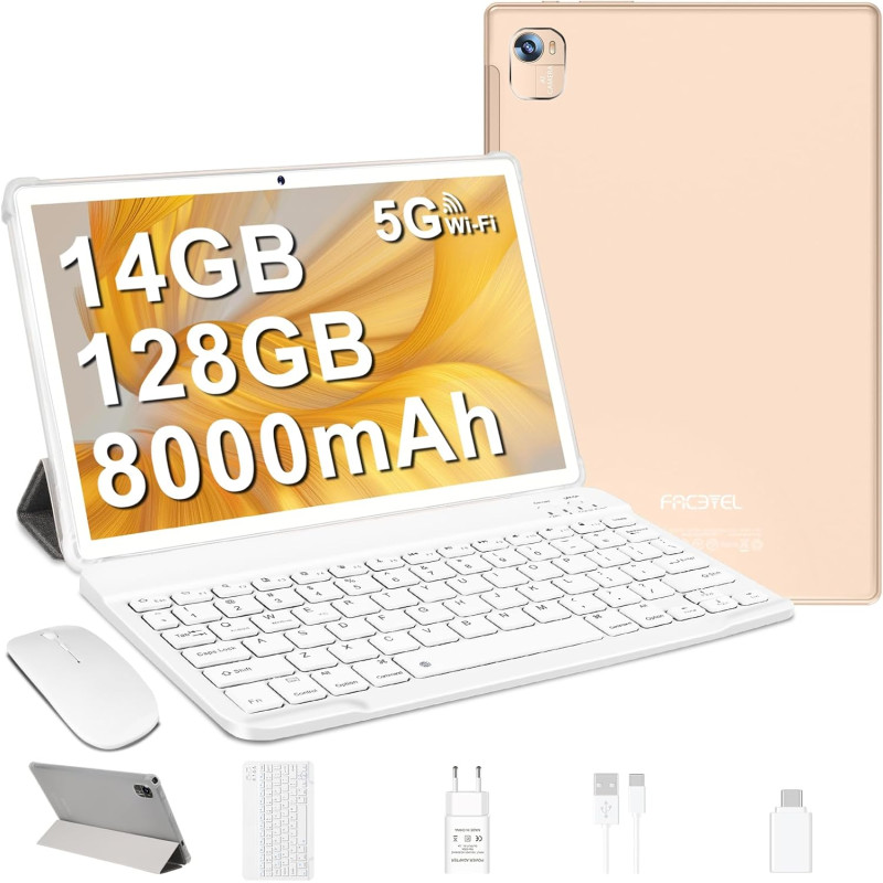 Tablette android tablette 10 pouces avec gemini ai tablette tactile avec 128go rom (tf/2to) octa-core 2.0 ghz丨 5g wifi 6+bleutoo