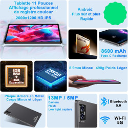 2026 tablette android tablette 11 pouces tablette avec 256go rom (tf 2 to) gemini ai, 2000 x 1200 fhd, octa-core 2.0 ghz, 2.4g+5