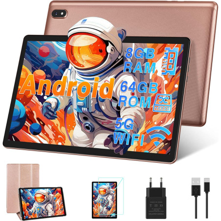 Tablette 10 pouces 4go ram(extensible jusqu'à 8 go) 64go rom 1tb extensible, tablette android avec 5g wifi, bleutooth 5.0, 8 cœu