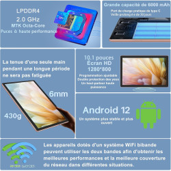 Tablette 10 pouces 4go ram(extensible jusqu'à 8 go) 64go rom 1tb extensible, tablette android avec 5g wifi, bleutooth 5.0, 8 cœu