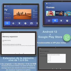 Tablette 10 pouces 4go ram(extensible jusqu'à 8 go) 64go rom 1tb extensible, tablette android avec 5g wifi, bleutooth 5.0, 8 cœu