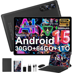 Android 15 Tablette 10 Pouces avec Gemini AI, Octa-Core Tablettes PC, 30 GO RAM+ 64 GO ROM (1TO TF), 3.5mm Audio/ WiFi 6 & BT 5.