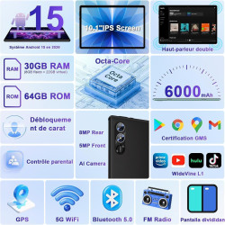 Android 15 Tablette 10 Pouces avec Gemini AI, Octa-Core Tablettes PC, 30 GO RAM+ 64 GO ROM (1TO TF), 3.5mm Audio/ WiFi 6 & BT 5.