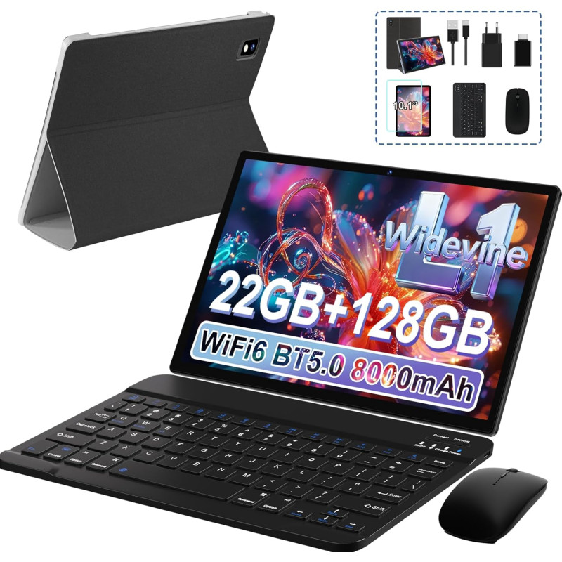 fezawio Tablette 10 Pouces Android 14 avec 22Go RAM+128Go ROM(1To TF),Tablette Tactile avec 5G WiFi 6, Octa-Core 2.0Ghz, 8000mAh