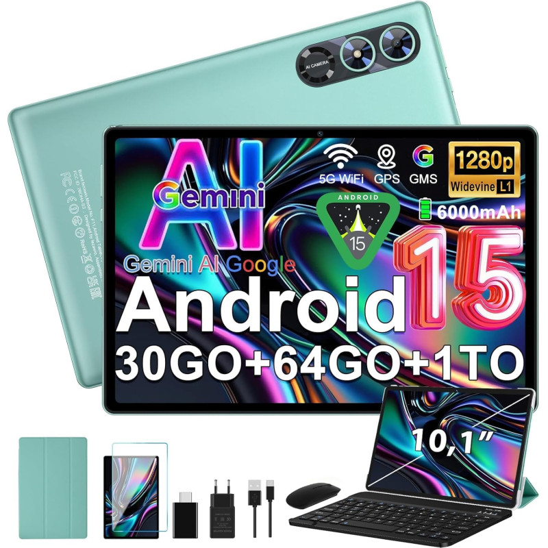 Android 15 Tablette 10 Pouces avec Gemini AI, Octa-Core Tablettes PC, 30 GO RAM+ 64 GO ROM (1TO TF), 3.5mm Audio/ WiFi 6 & BT 5.
