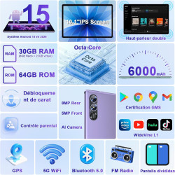 Android 15 Tablette 10 Pouces avec Gemini AI, Octa-Core Tablettes PC, 30 GO RAM+ 64 GO ROM (1TO TF), 3.5mm Audio/ WiFi 6 & BT 5.