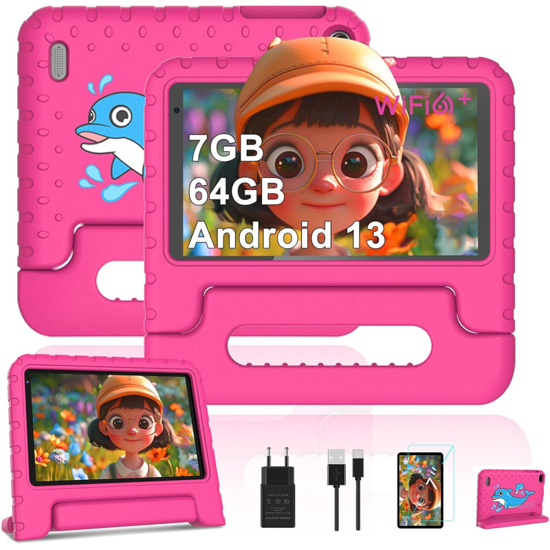 Fezawio tablette 7 pouces, android 13, 7 go ram + 64 go rom (carte tf jusqu'à 512 go), 3500mah, 5 mp + 8 mp, wi-fi 6, bleutooth 