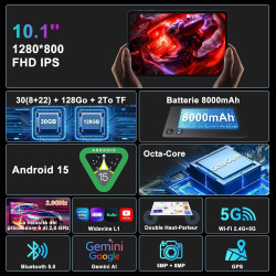 Tablette 10 Pouces Android 15 Tablettes, 30Go RAM+128Go ROM (TF 2To), 5G WiFi Tablette avec Gemini AI, Octa-Core 2.0 GHz/Widevin