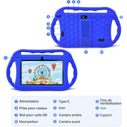 Veidoo Tablette Android 7 Pouces,2Go RAM 32Go ROM, WiFi, Écran HD, Application Préinstallée avec Contrôle Parental, Jeux, Étui É