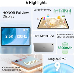 Honor Pad X9a 6Go 128Go WiFi Tablette, Fullview Écran 11,5 Pouces 120Hz 2,5K, Qualcomm 6nm Snapdragon 685, 4 Haut-parleurs, Batt