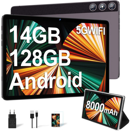 DMOAO Tablette 10 Pouces avec 14 Go RAM + 128 Go ROM, 1 to Extensible, Tablette Android, Octa-Core, WiFi 5G, Caméra 8MP + 5MP, 8