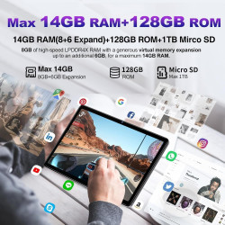 DMOAO Tablette 10 Pouces avec 14 Go RAM + 128 Go ROM, 1 to Extensible, Tablette Android, Octa-Core, WiFi 5G, Caméra 8MP + 5MP, 8