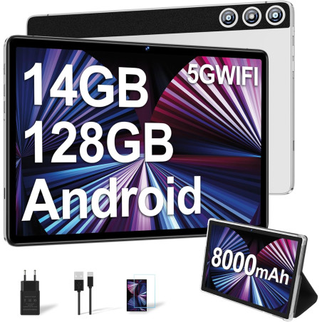 DMOAO Tablette 10 Pouces avec 14 Go RAM + 128 Go ROM, 1 to Extensible, Tablette Android, Octa-Core, WiFi 5G, Caméra 8MP + 5MP, 8