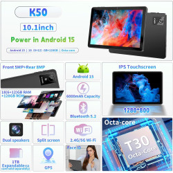 Tablette 10 Pouces Android 15, 18 Go RAM + 128 Go ROM (Extensible Jusqu'à 1 to), Tablette Tactile avec Widevine L1, T30 Octa-Cor