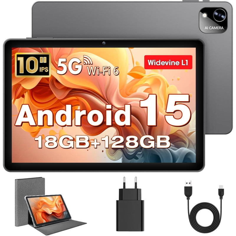 Tablette 10 Pouces, Tablettes Android 15 avec Étui, Unisoc T30 Quad-Core, 18 GO RAM + 128 GO ROM + 1 TO TF, Écran HD IPS 1280x80