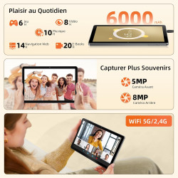Tablette 10 Pouces, Tablettes Android 15 avec Étui, Unisoc T30 Quad-Core, 18 GO RAM + 128 GO ROM + 1 TO TF, Écran HD IPS 1280x80