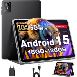 Tablette 10 Pouces, Tablettes Android 15 avec Étui, Unisoc T30 Quad-Core, 18 GO RAM + 128 GO ROM + 1 TO TF, Écran HD IPS 1280x80