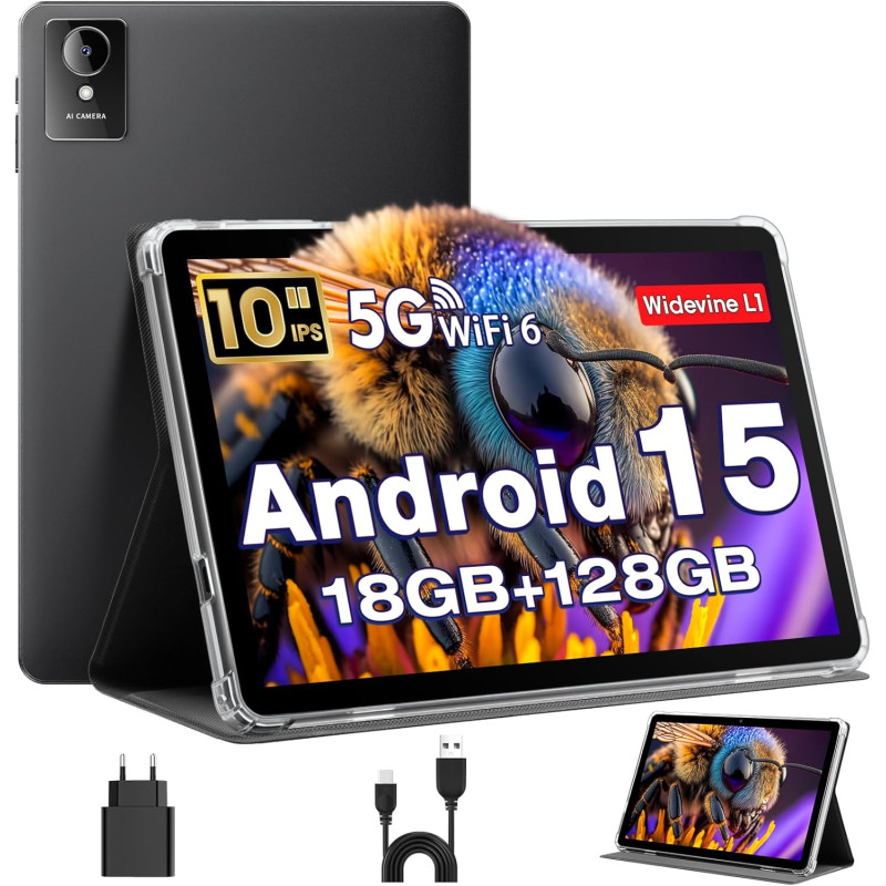 Tablette 10 Pouces, Tablettes Android 15 avec Étui, Unisoc T30 Quad-Core, 18 GO RAM + 128 GO ROM + 1 TO TF, Écran HD IPS 1280x80