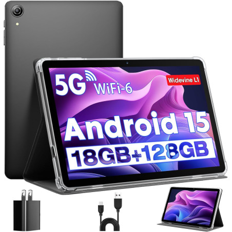 Tablette 10 Pouces, Tablettes Android 15 avec Étui, Unisoc T30 Quad-Core, 18 GO RAM + 128 GO ROM + 1 TO TF, Écran HD IPS 1280x80